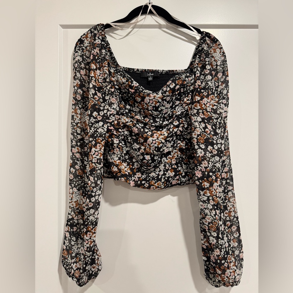 Lulus Mood Setter Black Floral Print Ruched Long Sleeve Top